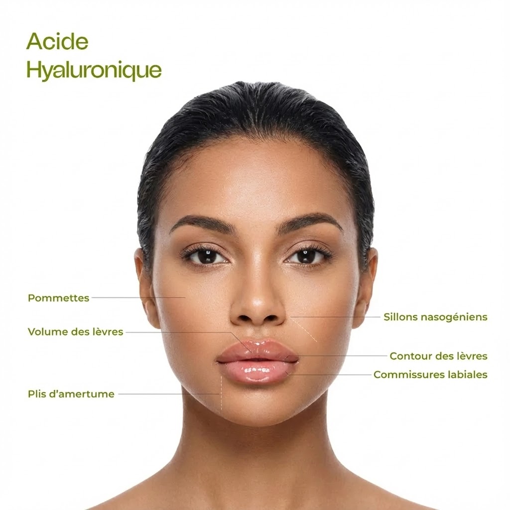 Schéma des zones d'injection du visage - toxine botulique et acide hyaluronique